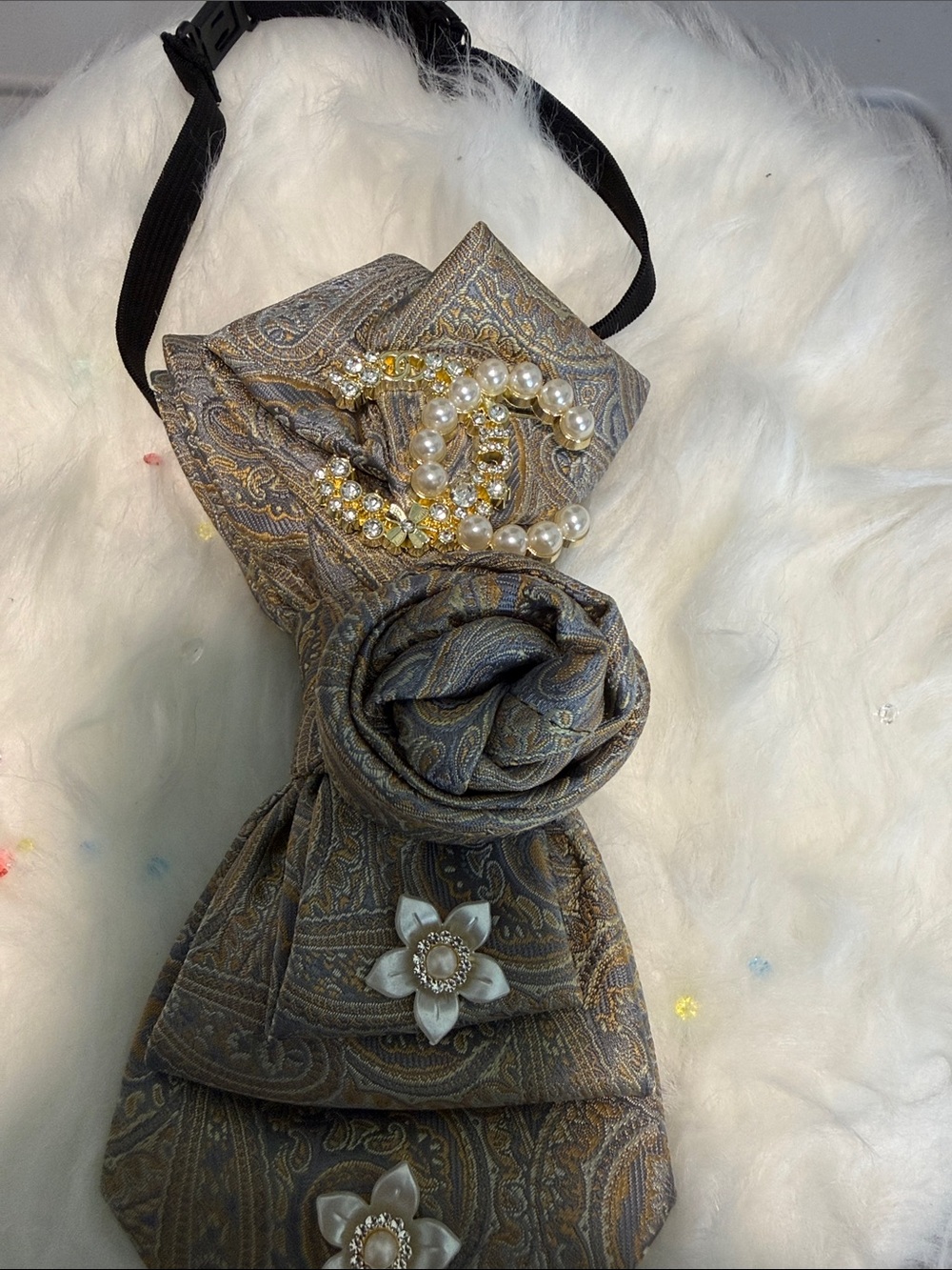 Embellished Paisley Neck Bow with Pearl & Crystal Brooch